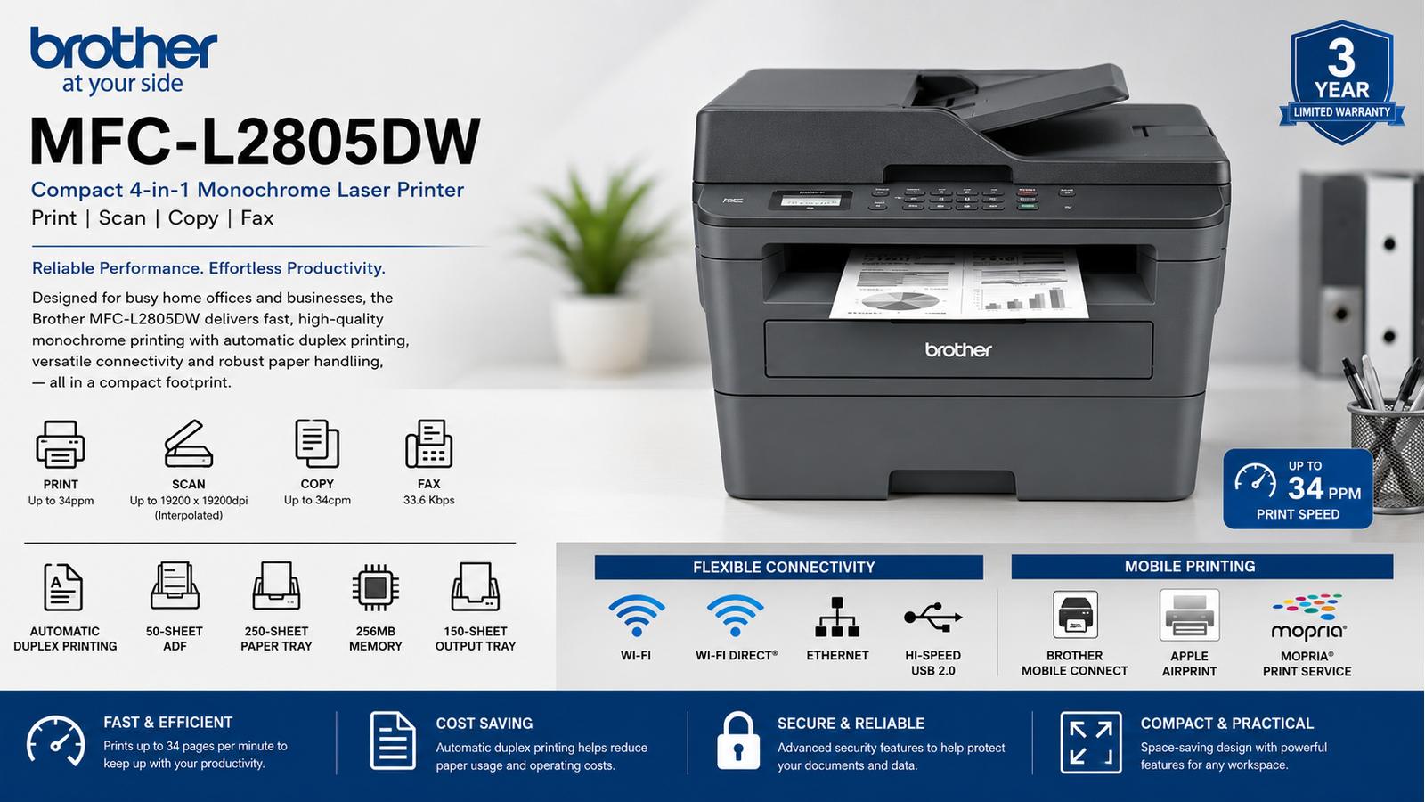 Brother MFC-L2805DW Monochrome Laser 4-in-1 Printer, Print Scan Copy Fax, 34ppm, Auto Duplex, 50-Sheet ADF, Wi-Fi, Ethernet, USB | MFC-L2805DW